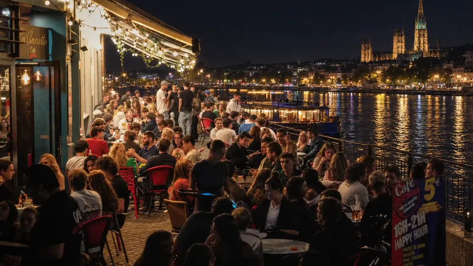 La terrasse des quais de Seine, pleine, un soir d'été