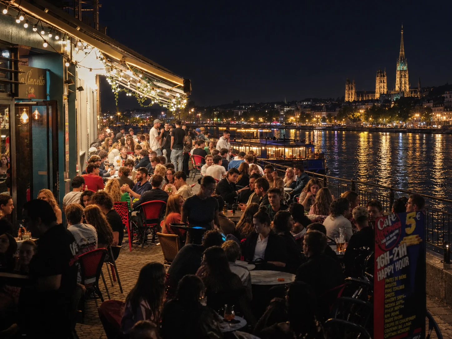 La terrasse du Café de Rouen le soir, sur les quais, avec la cathédrale en fond